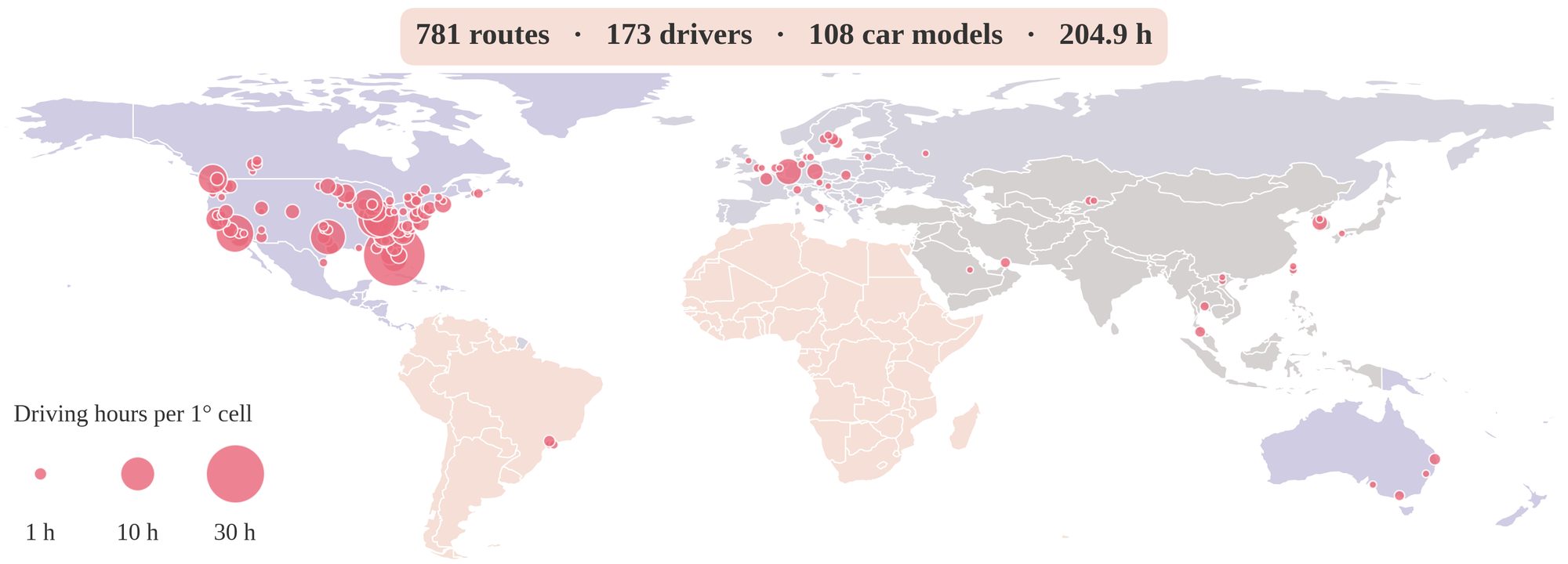 World map of driving hours per one-degree cell