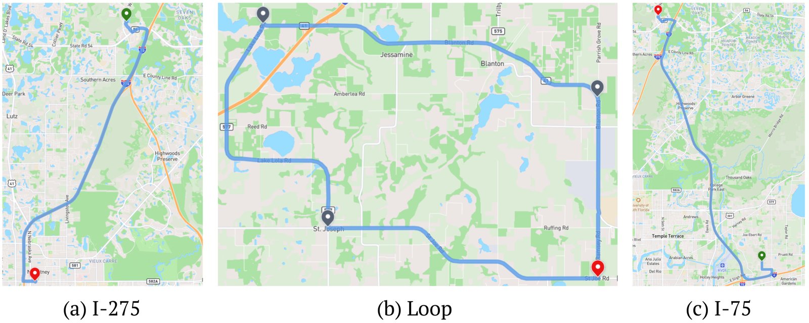 Three maps of the Tampa test routes: I-275 through Tampa, a rural two-lane loop in Pasco County, and I-75 to Temple Terrace