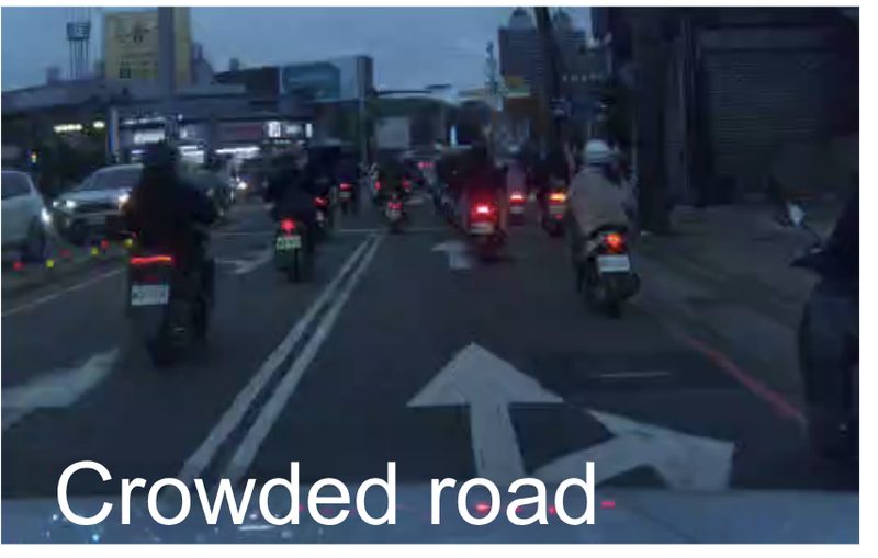 Crowded city street with many scooters in front of the car