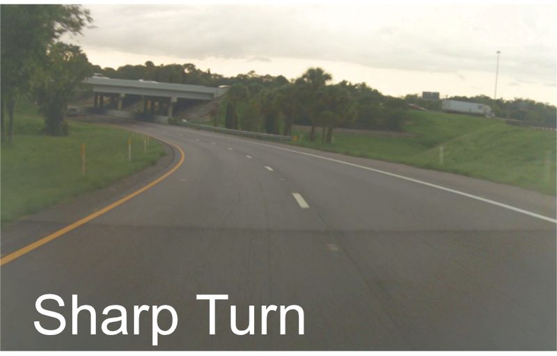Sharp turn on a two-lane road with a yellow center line